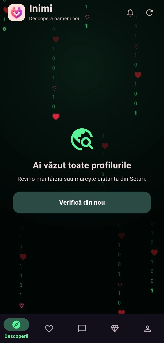 Ecranul Descoperă din aplicația Inimi, în tema Love Matrix