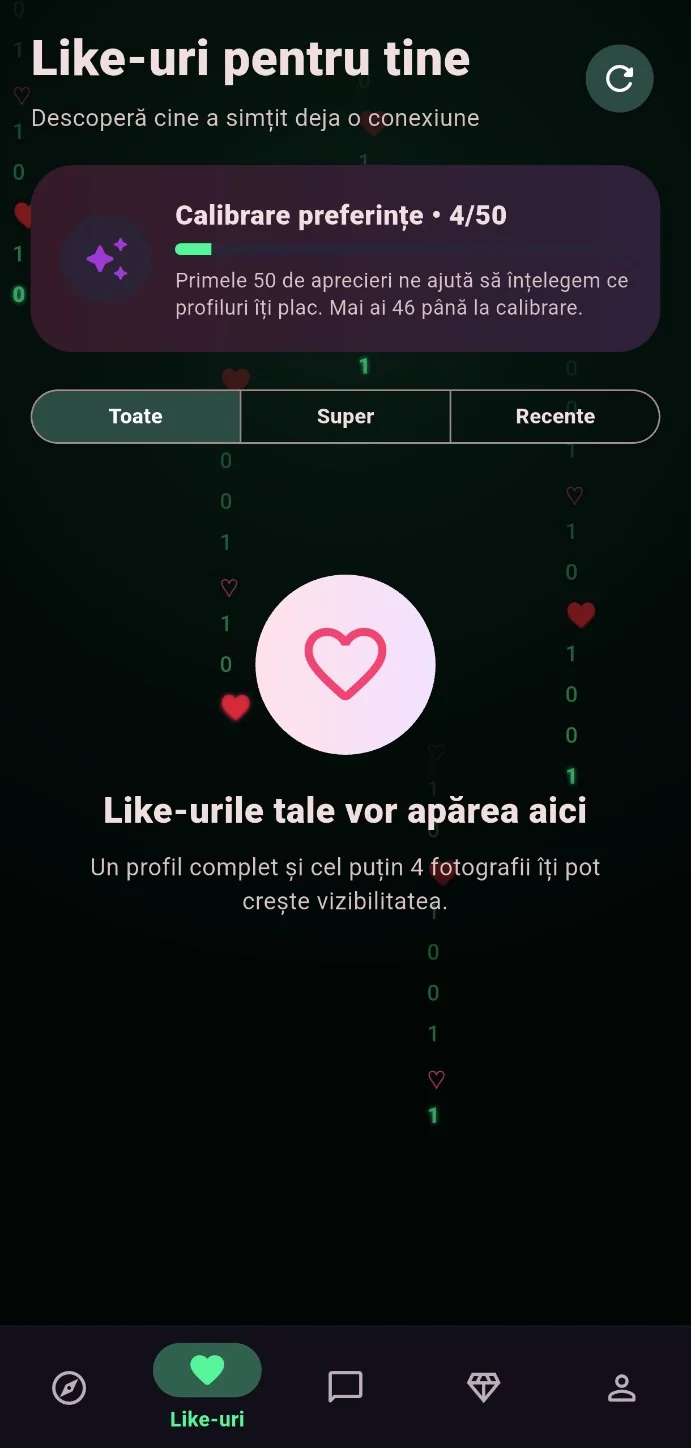 Ecranul Like-uri pentru tine din aplicația Inimi