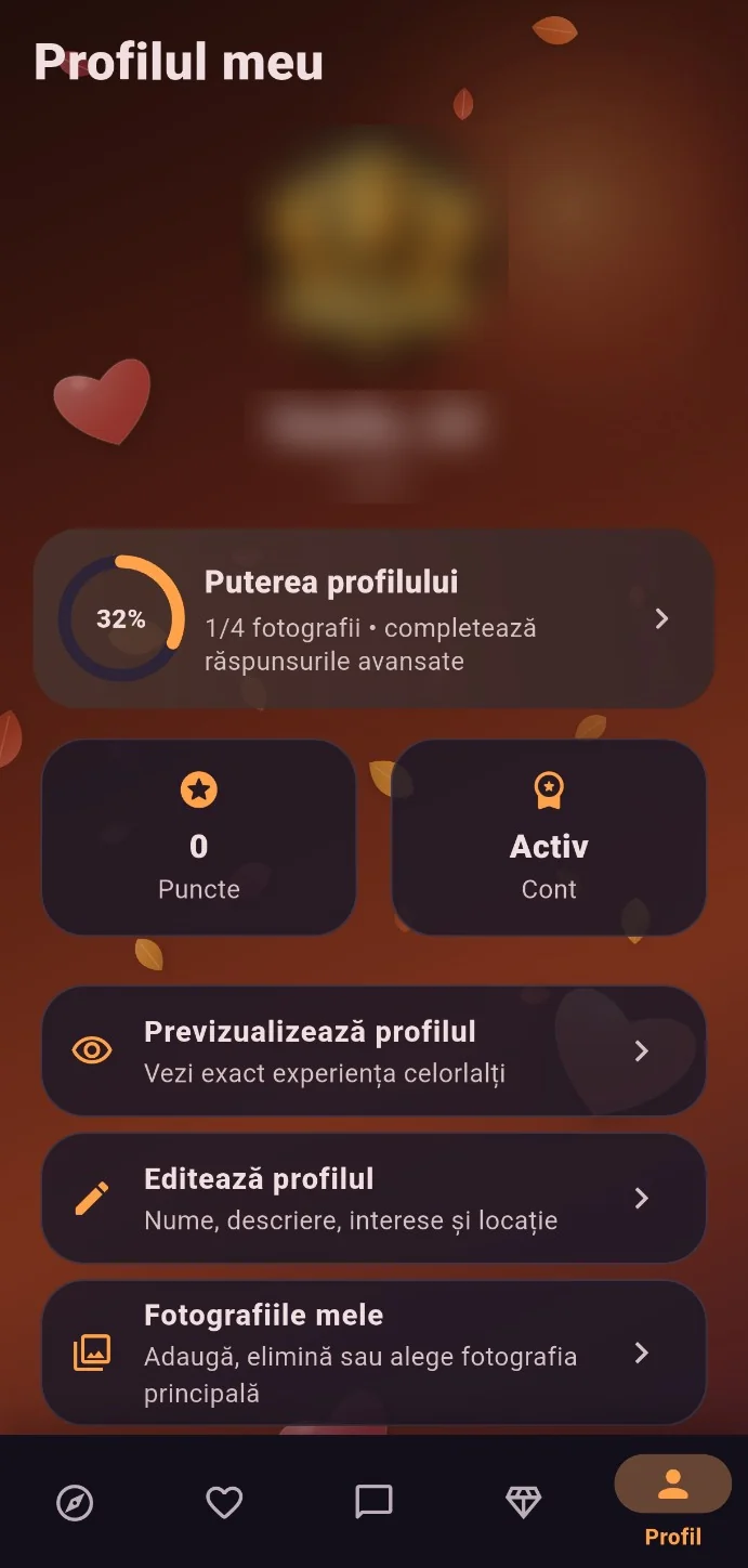 Ecranul Profilul meu și Puterea profilului din aplicația Inimi